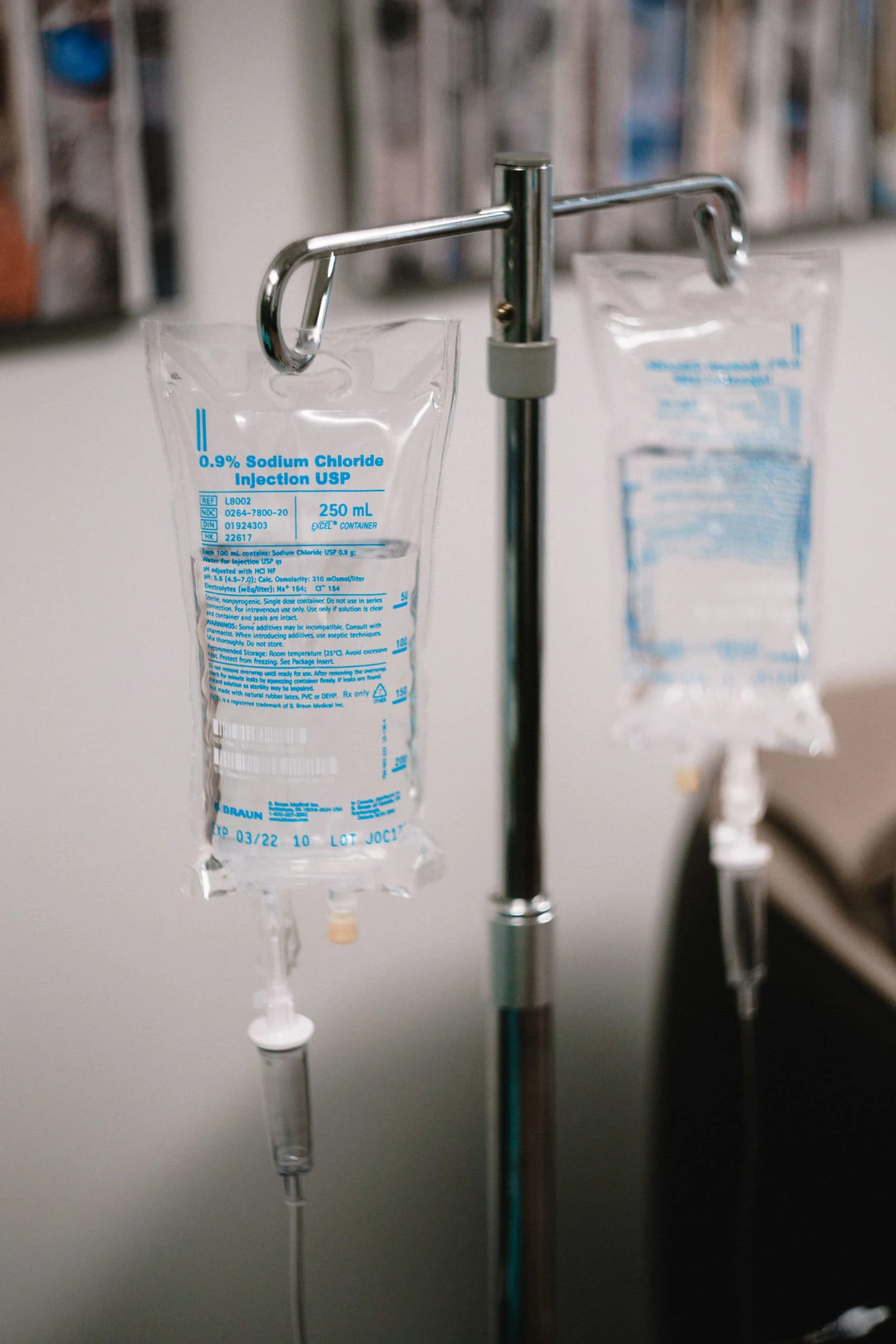 IV fluid bags on a stand