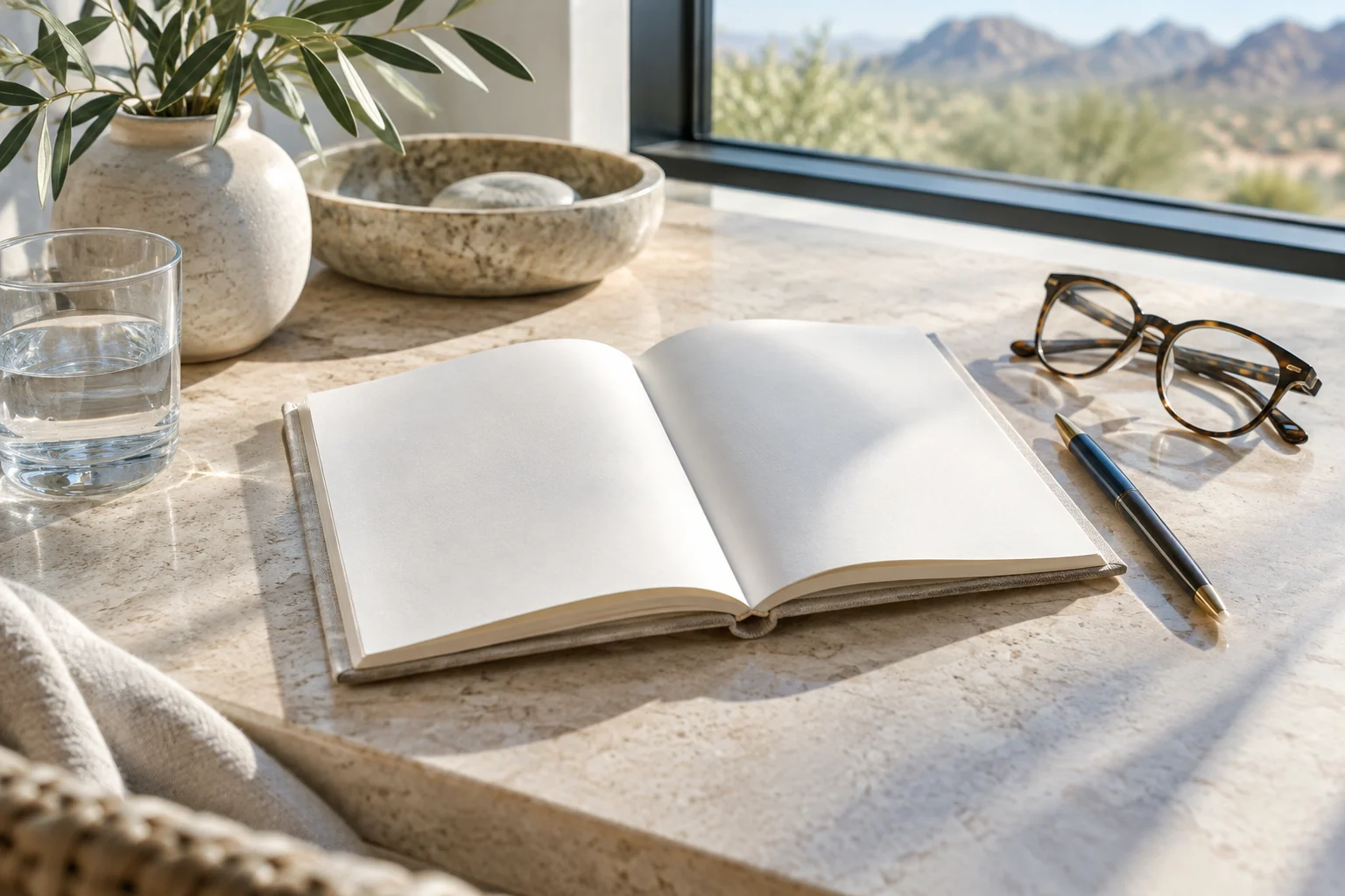 Notebook, pen and glasses; conceptual generated editorial image